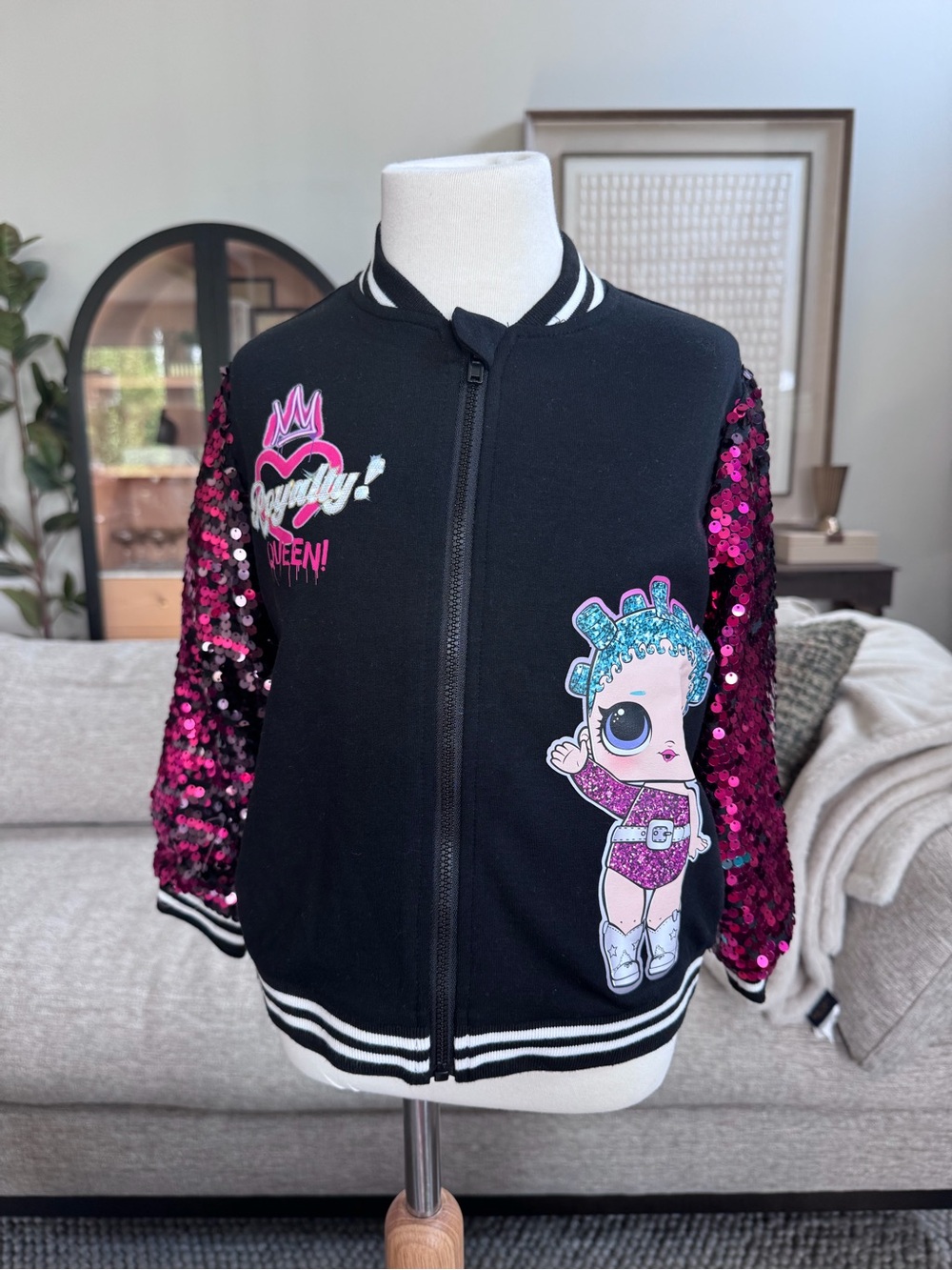 NWT PatPat 3-4T Black Kids Zip-Up Jacket with Pink LOL Sequin Graphics